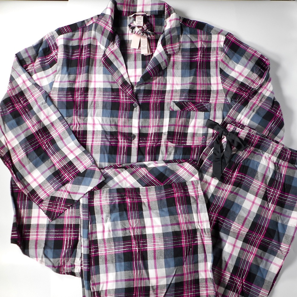 NWT Victoria Secret Flannel Pajama Set XXL 3pc Lounge Black Gray Hot Pink Plaid - Picture 2 of 15